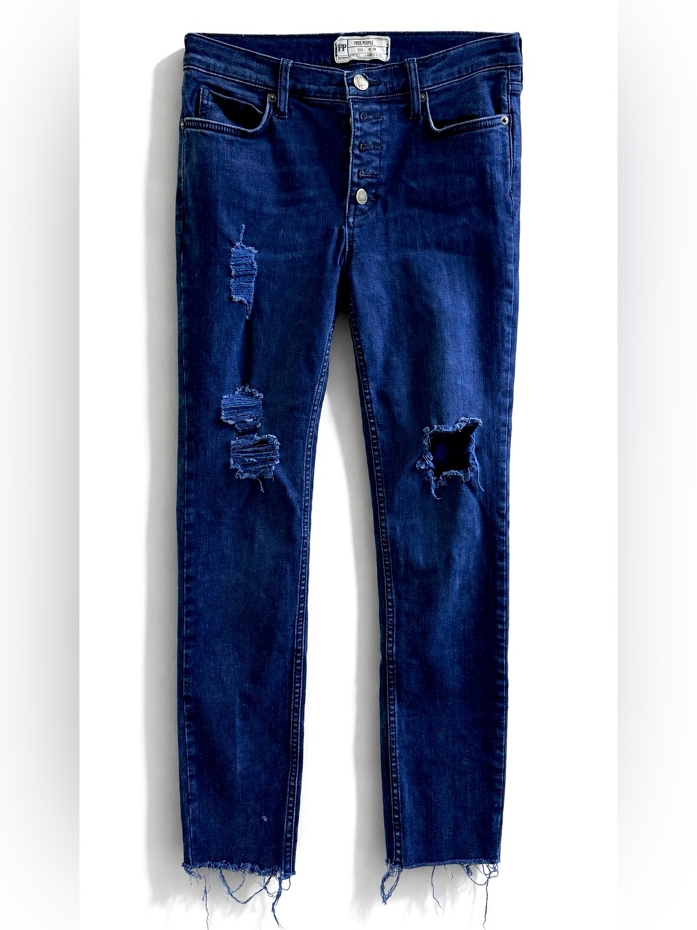 Free People Reagan Distressed Ripped Skinny Jeans Button Fly Blue Size 28